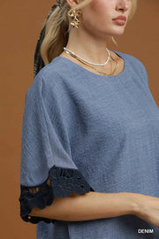 Darla Lace Trim Dolman Sleeve Denim Top