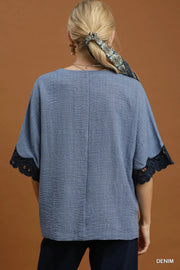 Darla Lace Trim Dolman Sleeve Denim Top