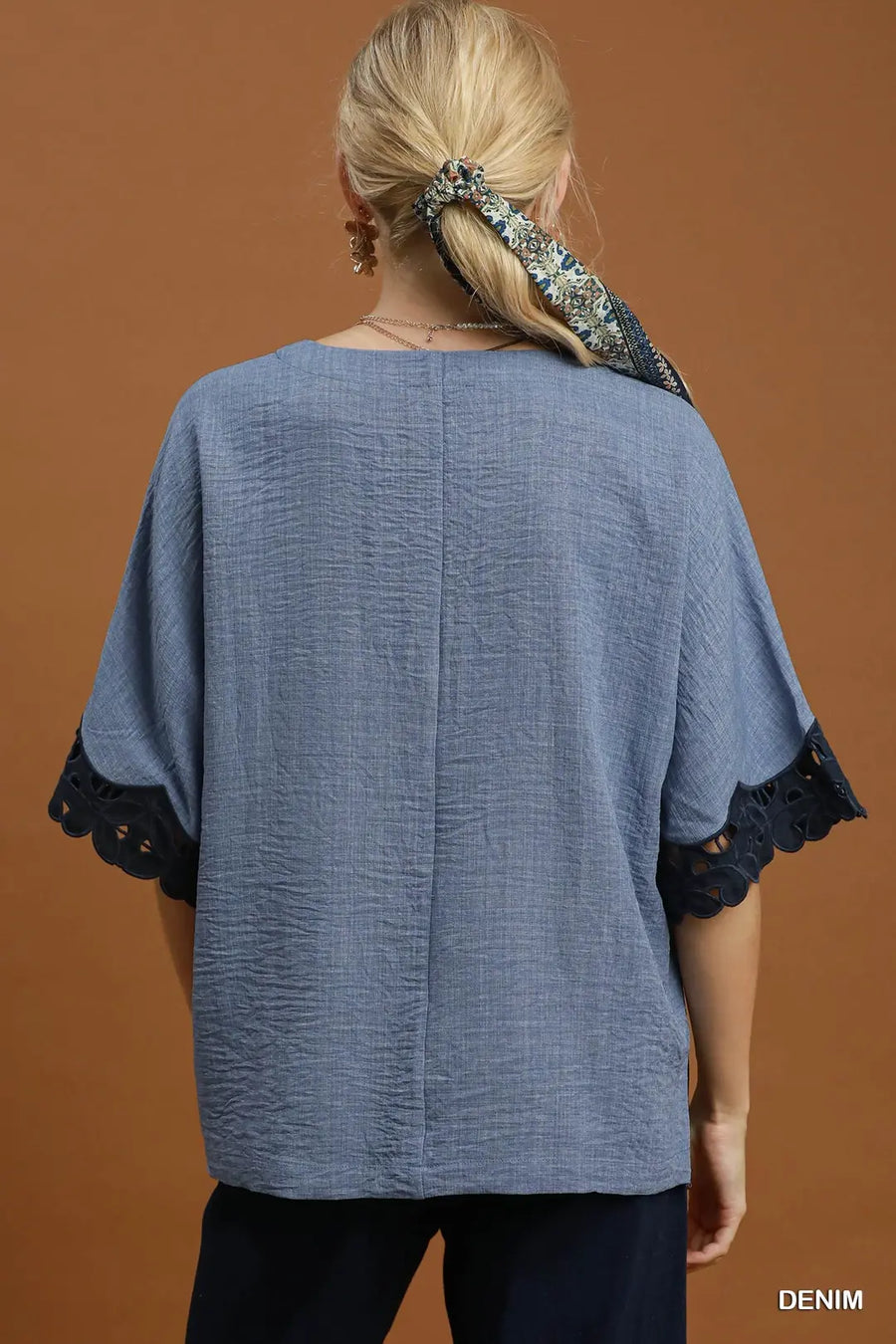 Darla Lace Trim Dolman Sleeve Denim Top