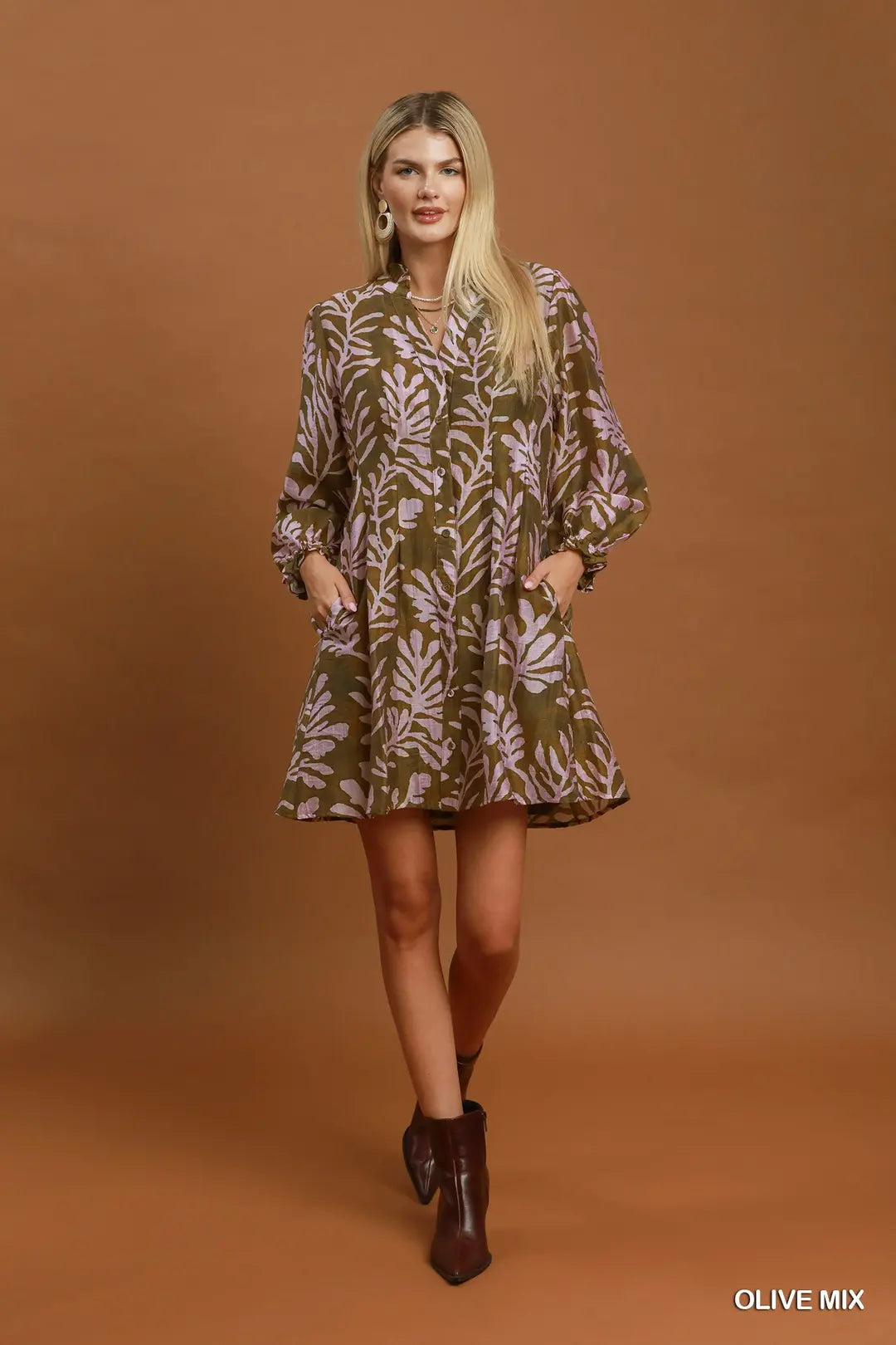 Johnna Botanical Leaf Button Front Shift Dress