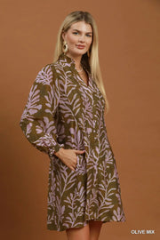 Johnna Botanical Leaf Button Front Shift Dress