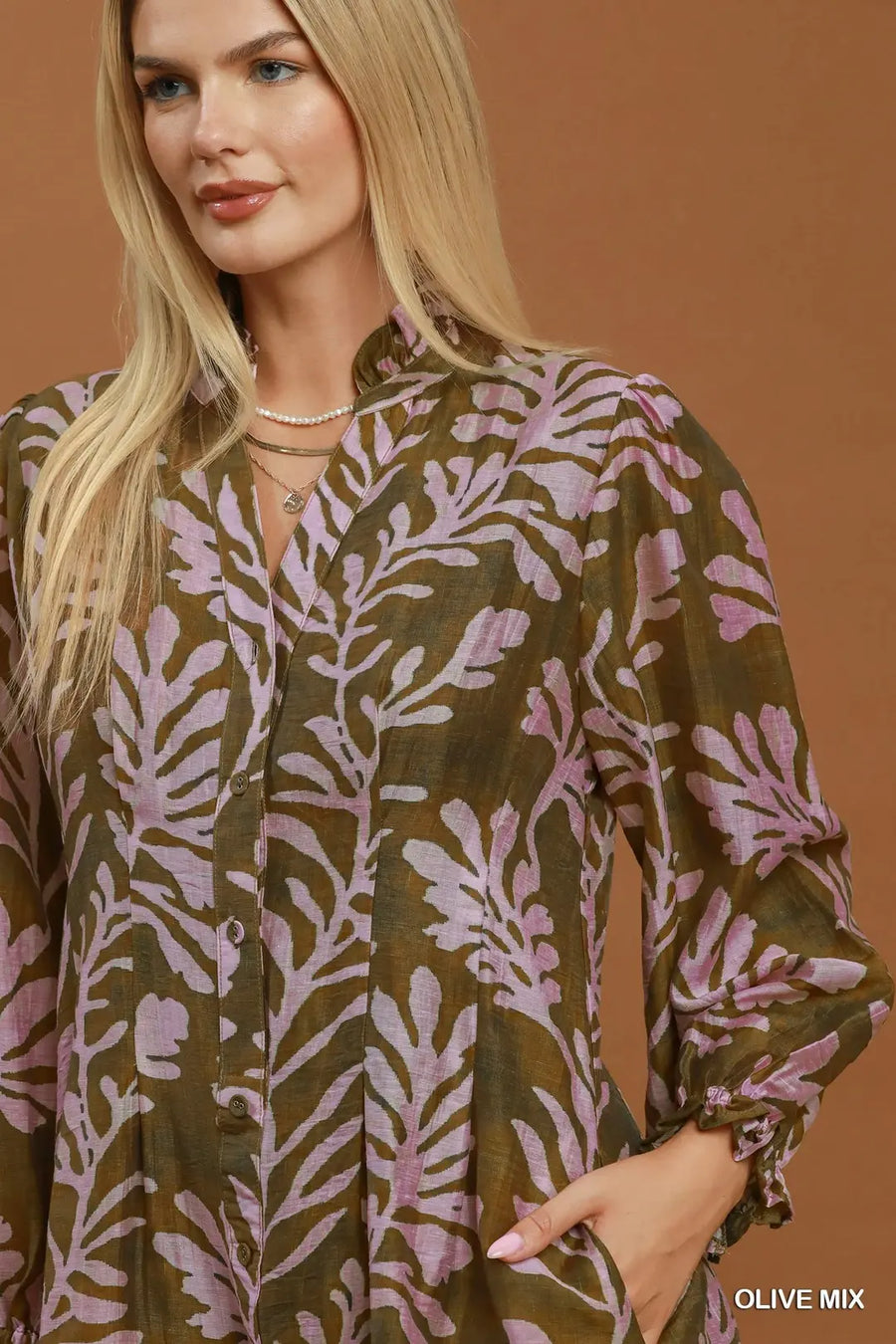 Johnna Botanical Leaf Button Front Shift Dress