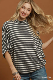 Rochelle Striped Mock Neck Dolman Half Sleeve Top
