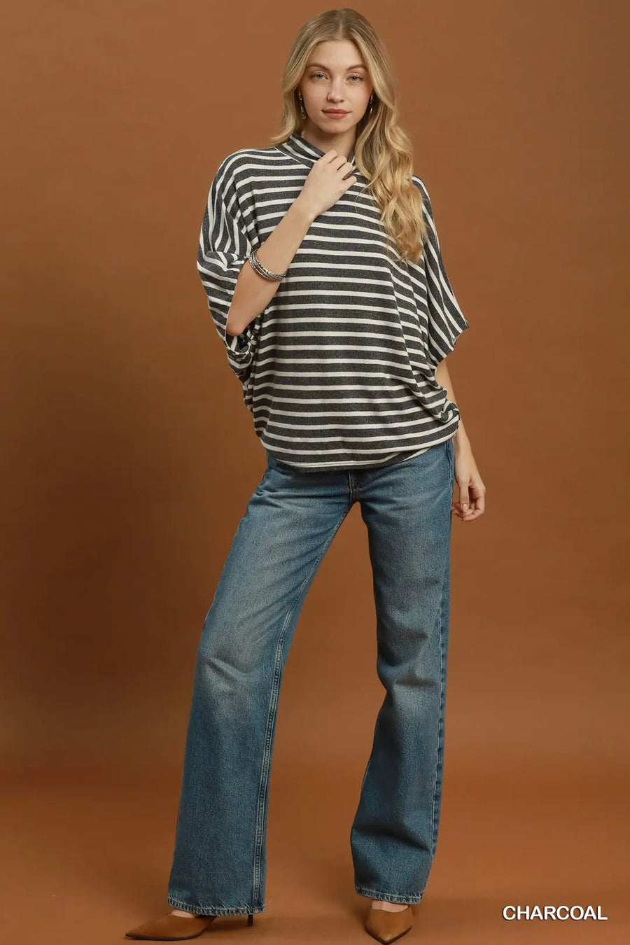 Rochelle Striped Mock Neck Dolman Half Sleeve Top