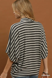 Rochelle Striped Mock Neck Dolman Half Sleeve Top