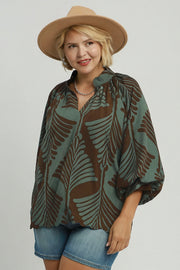 Abyss Abstract Leaf Print V-Neck Puff Sleeve Blouse Top