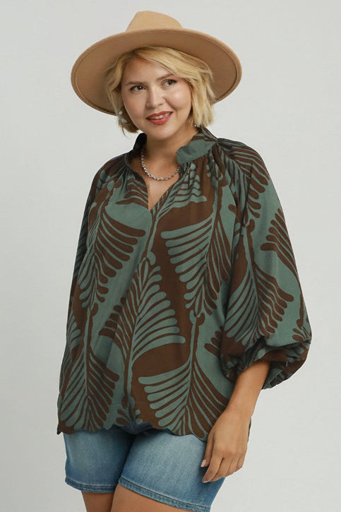 Abyss Abstract Leaf Print V-Neck Puff Sleeve Blouse Top