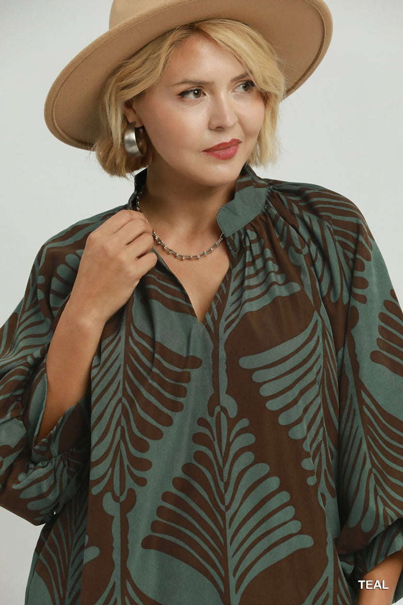 Abyss Abstract Leaf Print V-Neck Puff Sleeve Blouse Top