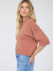 Cora Exposed Seam Drop Shoulder Half Sleeve Sweater Knit Top