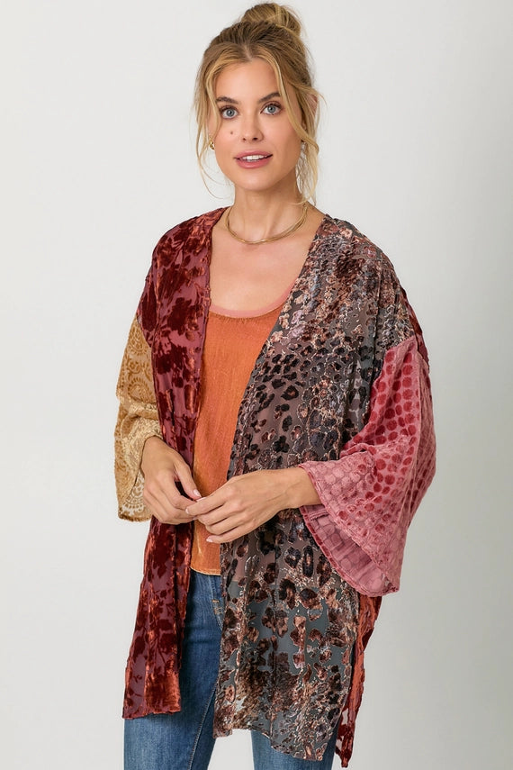 Adele Mixed Print Velvet Burn Out Wrap Kimono