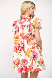 Grandiflora Roses Pintuck Ruffle Sleeve Mini Dress