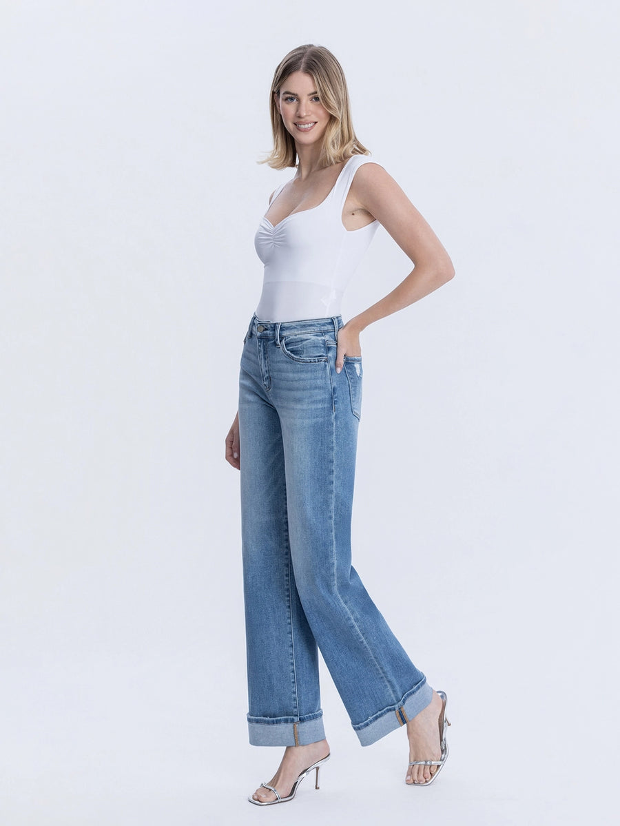 Enigma High Rise Full Length Cuffed Wide Leg Jeans