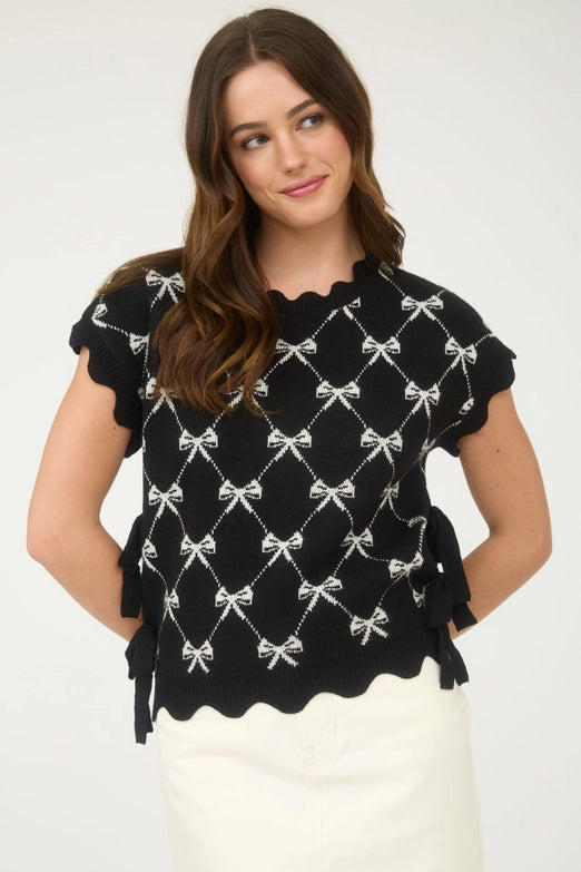 Lil Bo Peep Bow Pattern Cap Sleeve Sweater with Side Ties