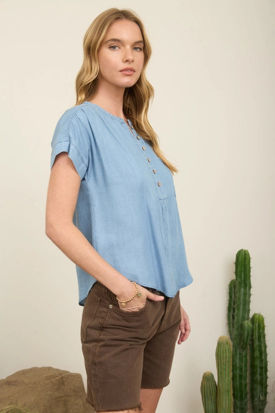 Athena Half Button Chambray Denim Henley Top