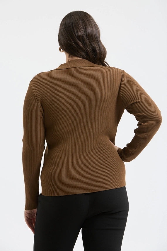 Evelia Collared Gold Snap Long Sleeve Knit Top