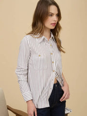 Toni Stripe Collared Long Sleeve Button Down Knit Shirt Blouse