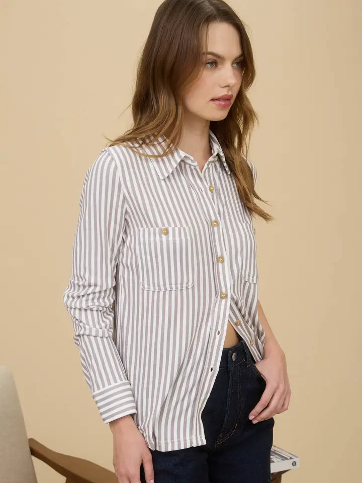 Toni Stripe Collared Long Sleeve Button Down Knit Shirt Blouse