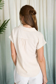 Penni Stripe Collared V-Neck Cuff Short Sleeve Top