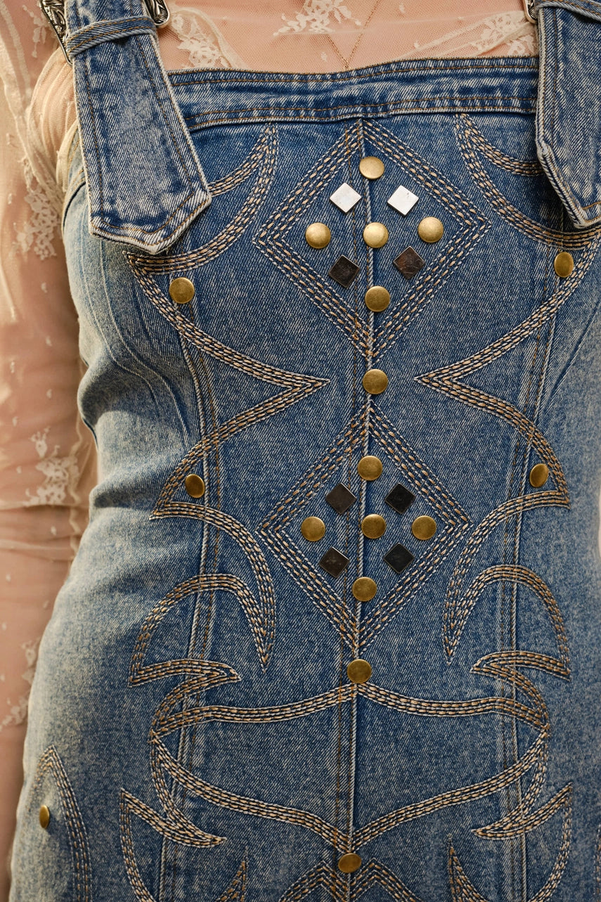 Hold Your Horses Western Embroidered & Studded Denim Overall Jumpsuit