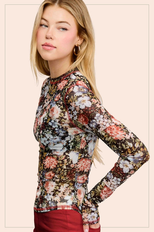 Delta Semi-Sheer Floral Long Sleeve Mesh Top