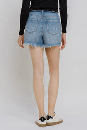 Vervet High Rise Bandless Boyfriend Fray Hem Denim Shorts