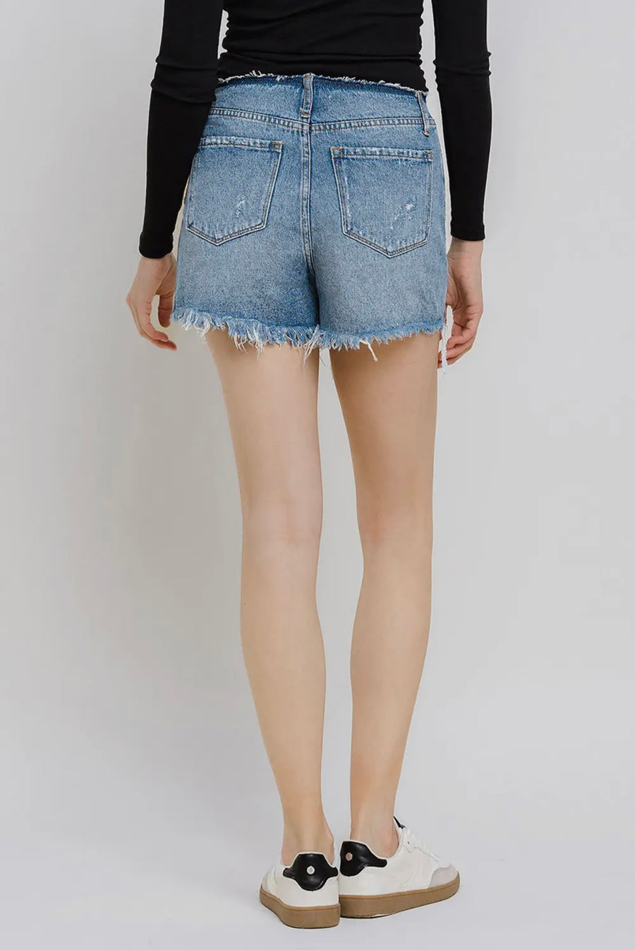 Vervet High Rise Bandless Boyfriend Fray Hem Denim Shorts