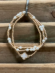 Gold & Pearls Clover Accent Stretch Bracelet Set of 3