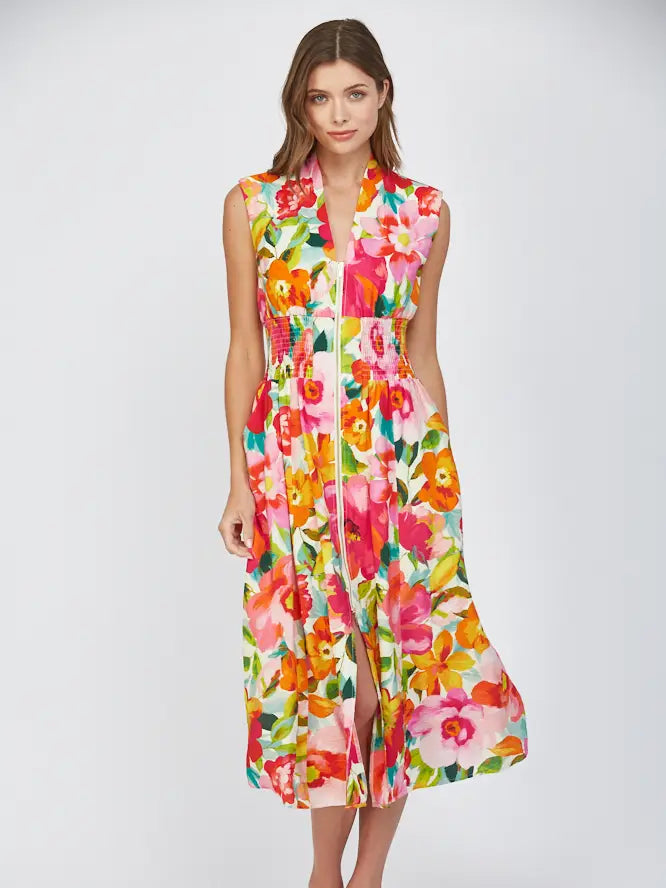 Maria Full Blooms Floral Print Smocked Waist Midi Dress