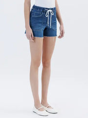 Lovervet High Rise Drawstring Denim Shorts with Raw Edge Hem