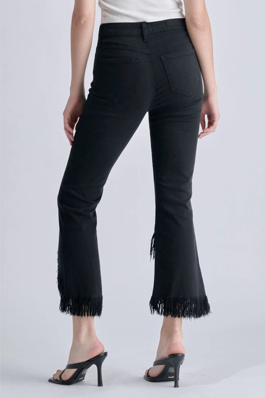 Sabbath High Rise Slanted Angle Cut Crop Flare Black Jeans with Fringe Hem