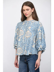 Indie Paisley Puff Sleeve Button Front Top