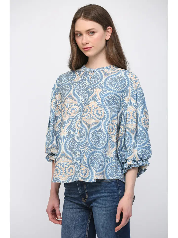 Indie Paisley Puff Sleeve Button Front Top