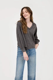 Julie V-Neck Asymmetrical Hem Long Sleeve Knit Top