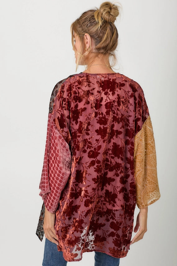 Adele Mixed Print Velvet Burn Out Wrap Kimono