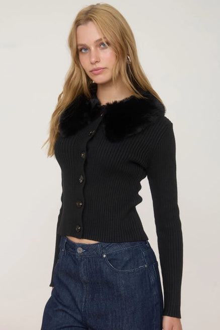 Minkie Faux Fur Collar Button Down Knit Sweater