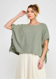 Laurna Linen Elastic & Side Tie Drop Sleeve Hi-Low Top