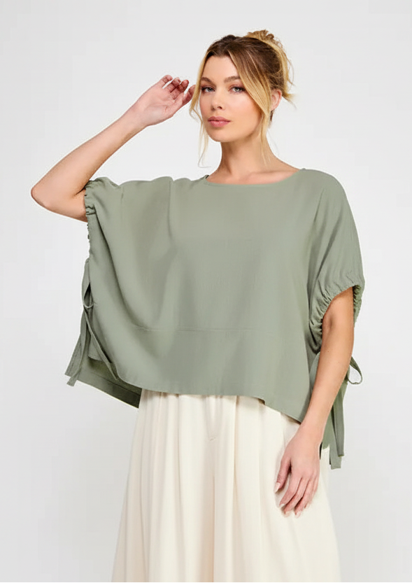 Laurna Linen Elastic & Side Tie Drop Sleeve Hi-Low Top