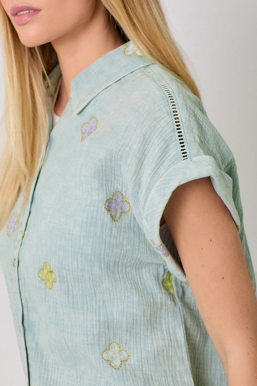 Desirae Embroidered Washed Cotton Gauze Button Front Top