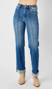 Felon High Waist Front Seam Detail Cuffed Straight Denim Jeans