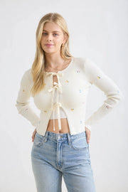 Ellana Floral Embroidery Tie Front Cardigan