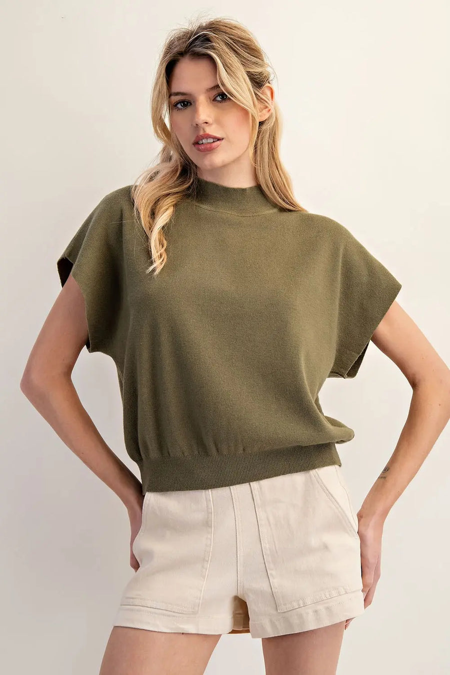 Amberly Mock Neck Solid Short Sleeve Sweater Top
