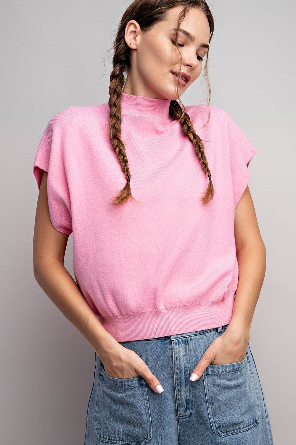 Amberly Mock Neck Solid Short Sleeve Sweater Top
