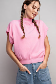 Amberly Mock Neck Solid Short Sleeve Sweater Top