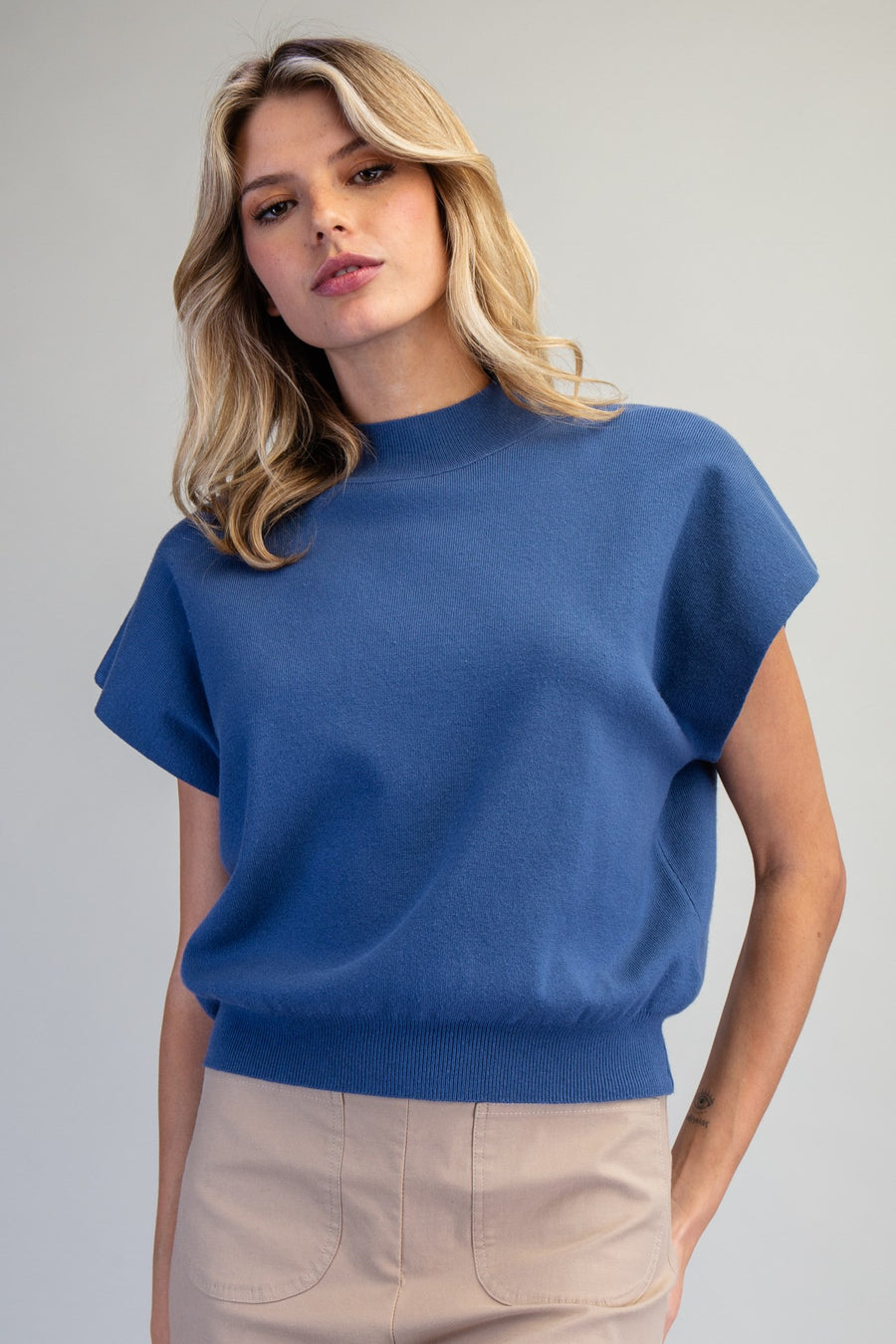 Amberly Mock Neck Solid Short Sleeve Sweater Top