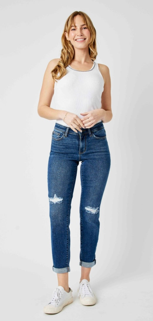 Foolin' Mid Rise Slim Fit Rolled Cuff Ankle Crop Jeans With Destroyed Knees