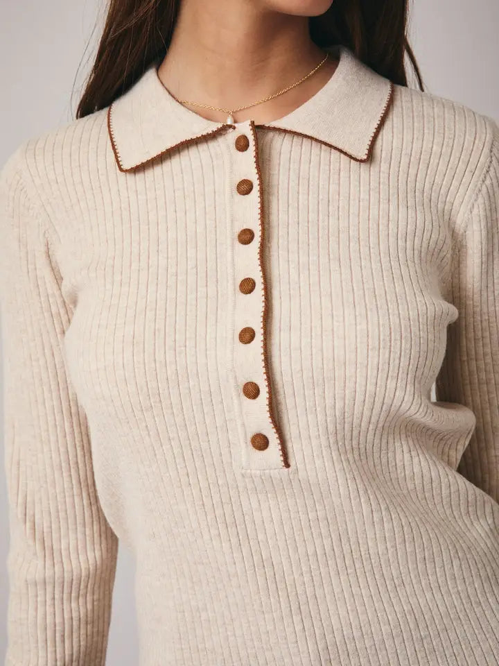 Layna Collared Polo Henley Ribbed Knit Top by Sunday Edition
