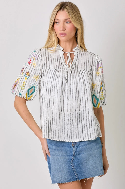 Sedona Embroidered Puff Sleeve Washed Cotton Gauze Top