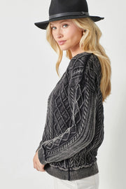 Karissa Mineral Washed Multi-Cable Knit Texture V-Neck Sweater