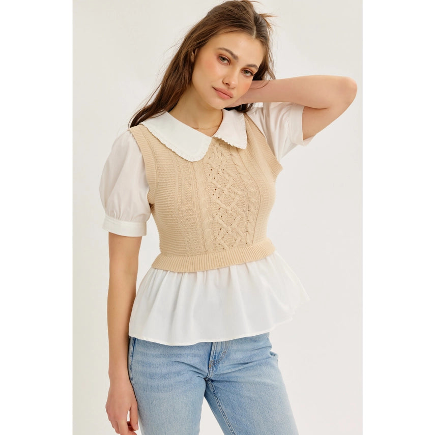 Teagan Sweater Vest Twofer Top with Peter Pan Collar and Ruffled Hem