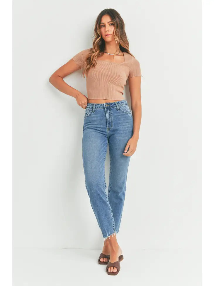 High Rise Vintage Straight Slim Straight Crop Jean with Distressed Hem